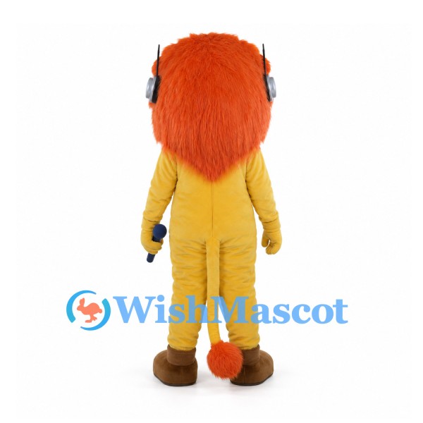Lion Singer Mascot Costume with Orange Mane Headphones and Microphone