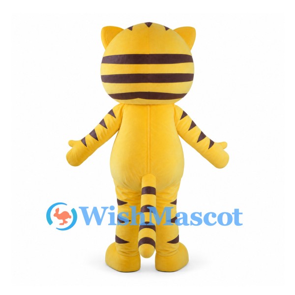 Yellow Tiger Cub Mascot Costume with Brown Stripes and Large Gray Eyes