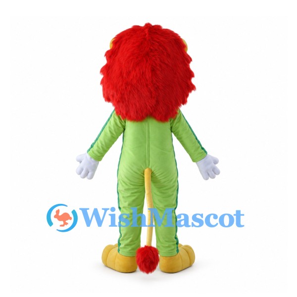 Lion Mascot Costume with Green Body and Long Red Mane
