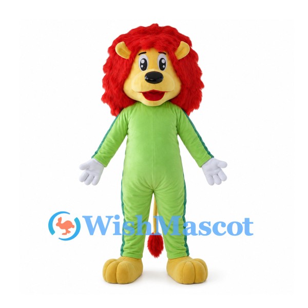 Lion Mascot Costume with Green Body and Long Red Mane
