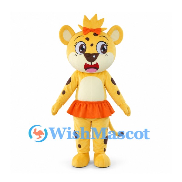 Leopard Cub Mascot Costume with Orange Skirt and Brown Spots