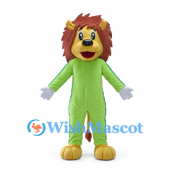 Lion Mascot Costume with Green Body and Sculpted Brown Mane