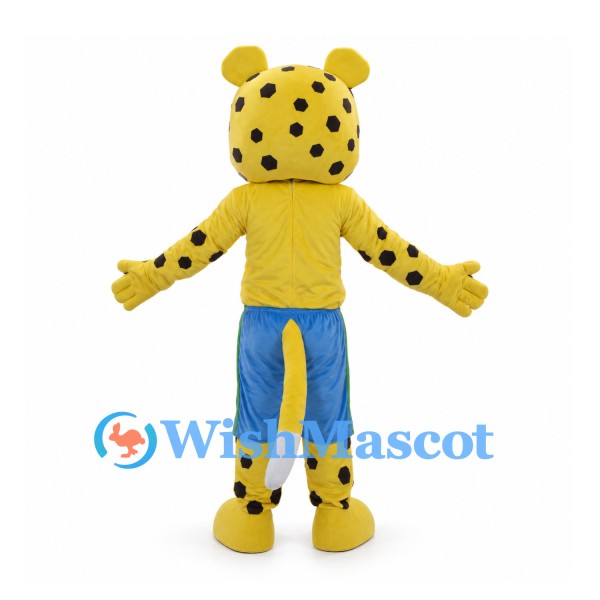 Leopard Mascot Costume in Yellow with Blue Shorts and Black Spots