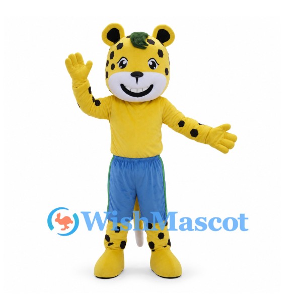 Leopard Mascot Costume in Yellow with Blue Shorts and Black Spots