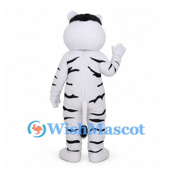 White Tiger Mascot Costume with Black Stripes and Black Hair Tuft