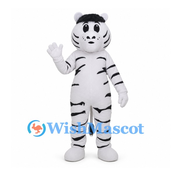 White Tiger Mascot Costume with Black Stripes and Black Hair Tuft
