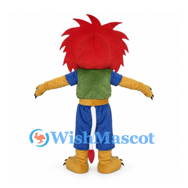Lion Mascot Costume with Red Mane Green Vest and Blue Pants