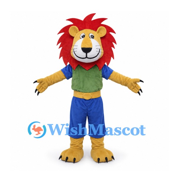 Lion Mascot Costume with Red Mane Green Vest and Blue Pants