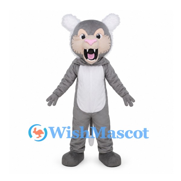 Gray Wildcat Mascot Costume with White Belly and Round Ears