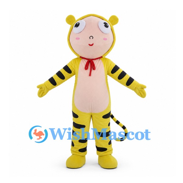 Tiger Character Mascot Costume with Yellow Striped Hood and Red Neck Tie