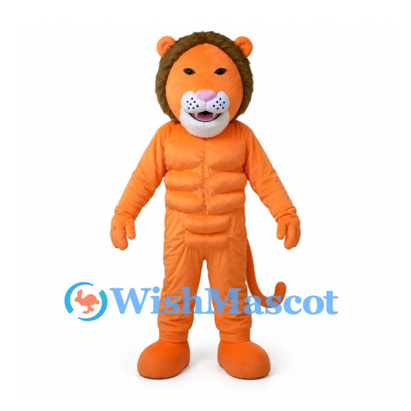 Orange Lion Mascot Costume with Muscular Body and Brown Mane