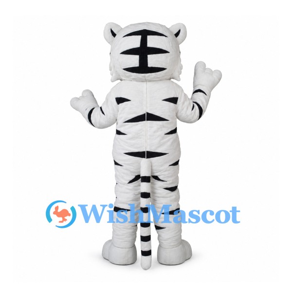 White Tiger Mascot Costume with Black Stripes and Wide Round Eyes