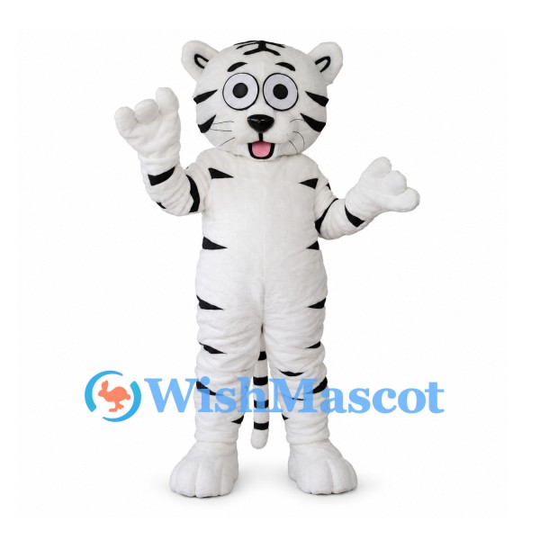 White Tiger Mascot Costume with Black Stripes and Wide Round Eyes