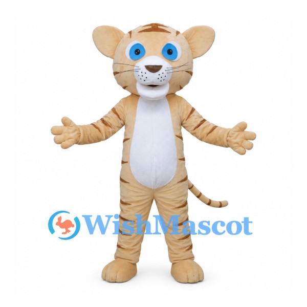 Tan Tiger Cub Mascot Costume with Brown Stripes and Blue Eyes