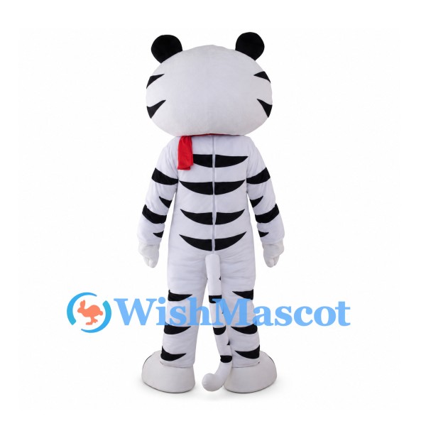 White Tiger Mascot Costume with Red Scarf and Green Eyes