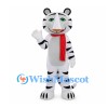White Tiger Mascot Costume with Red Scarf and Green Eyes