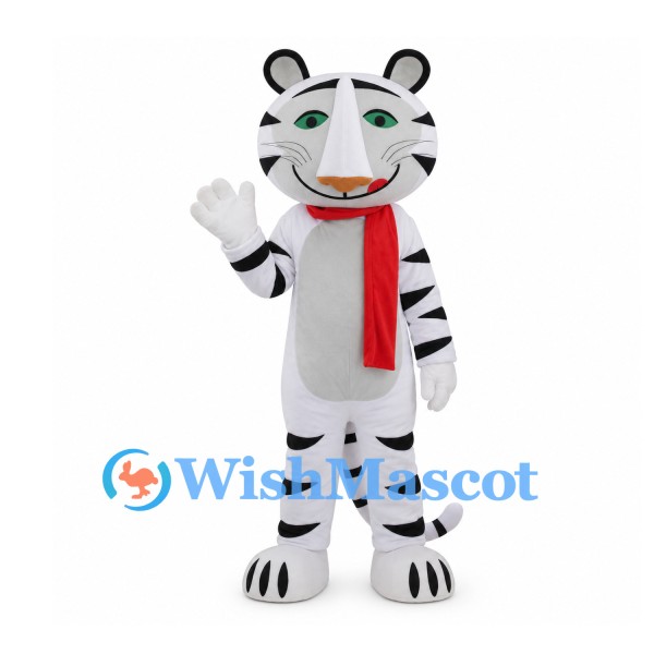 White Tiger Mascot Costume with Red Scarf and Green Eyes