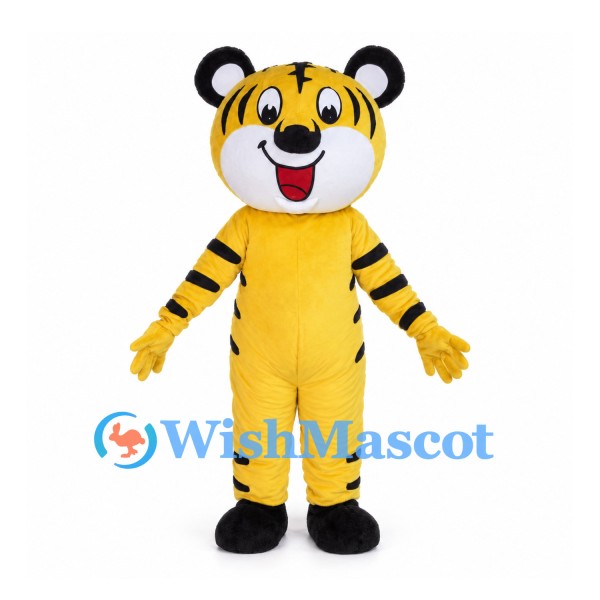 Yellow Tiger Mascot Costume with Round Black Ears and White Muzzle