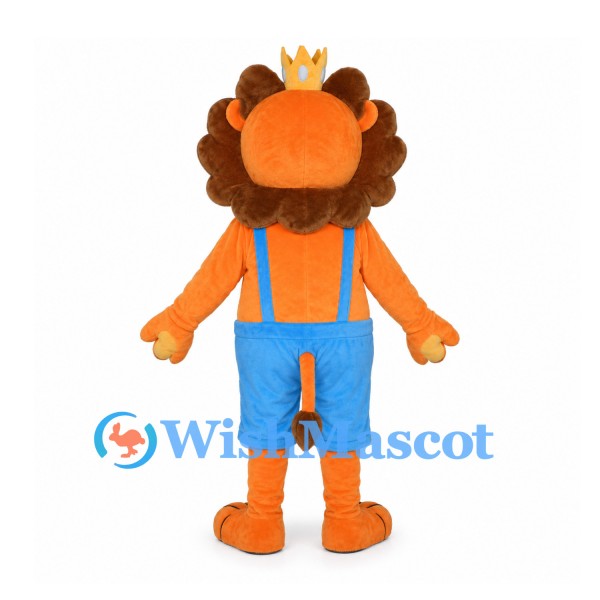 Lion King Mascot Costume with Gold Crown and Blue Suspender Shorts