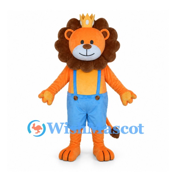 Lion King Mascot Costume with Gold Crown and Blue Suspender Shorts