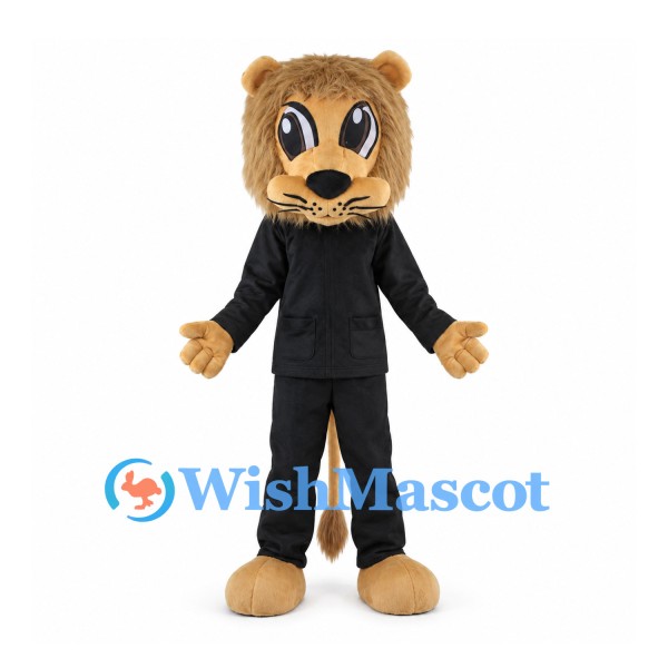 Lion Mascot Costume with Black Suit and Shaggy Tan Head