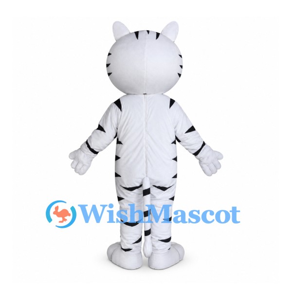 White Tiger Mascot Costume with Black Stripes and Orange Eyes
