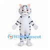 White Tiger Mascot Costume with Black Stripes and Orange Eyes