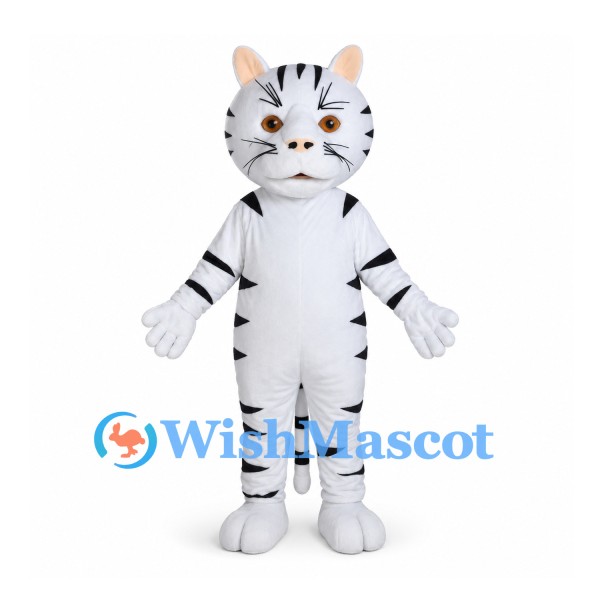 White Tiger Mascot Costume with Black Stripes and Orange Eyes