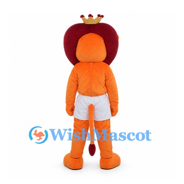 Orange Lion King Mascot Costume with Gold Crown and White Shorts