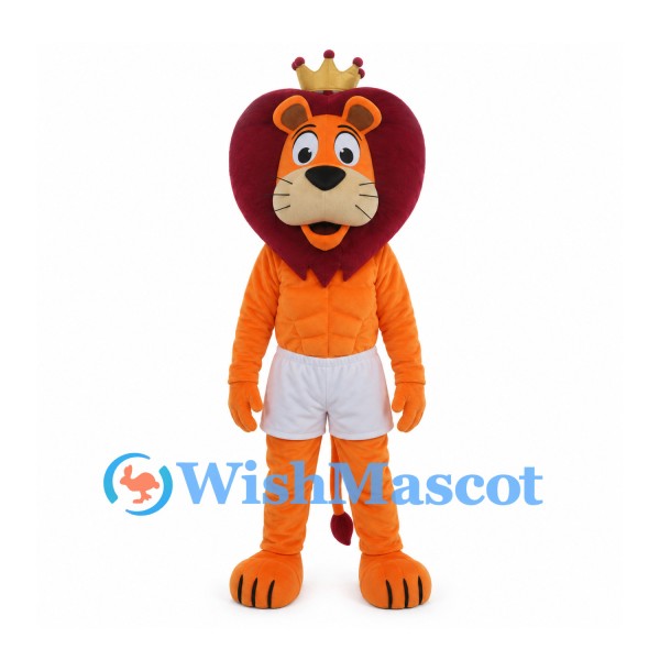 Orange Lion King Mascot Costume with Gold Crown and White Shorts