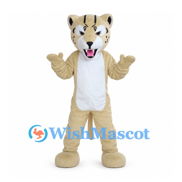 Beige Wildcat Mascot Costume with White Belly and Black Facial Stripes