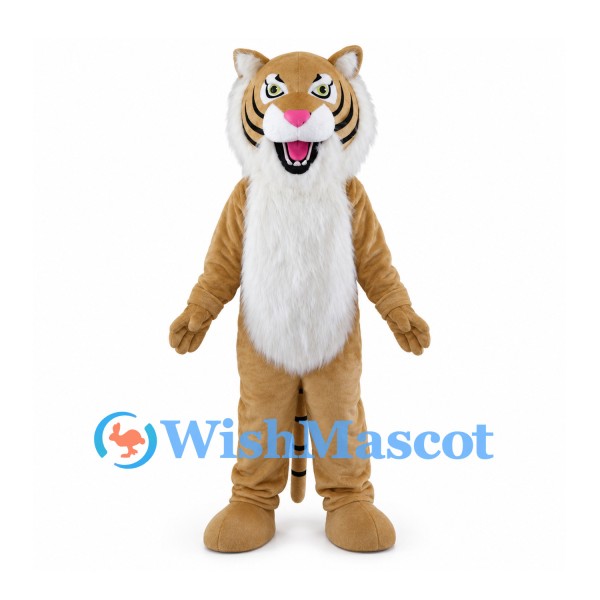 Tan Tiger Mascot Costume with Long White Chest Fur and Pink Nose