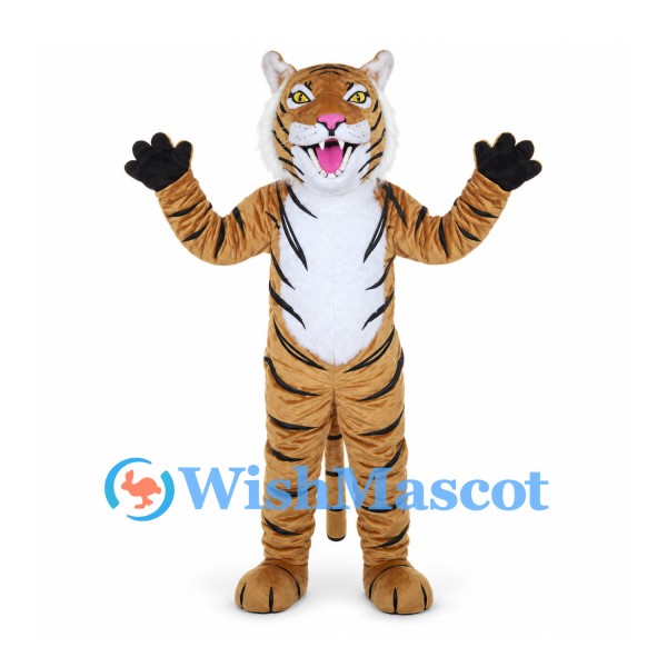 Golden Tiger Mascot Costume with Black Stripes and Clawed Paws