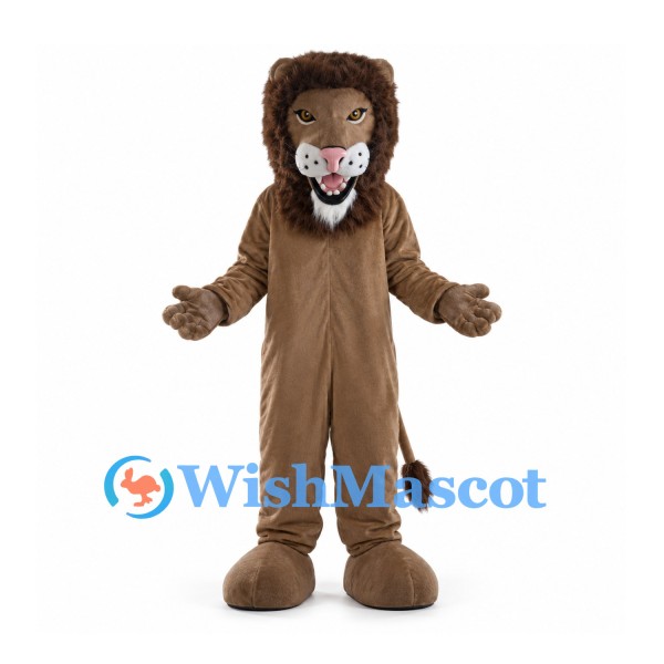 Brown Lion Mascot Costume with Dark Mane and Roaring Face
