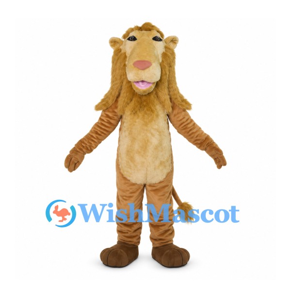 Tan Lion Mascot Costume with Long Golden Mane and Pink Nose