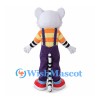 White Tiger Mascot Costume with Purple Overalls and Orange Striped Shirt