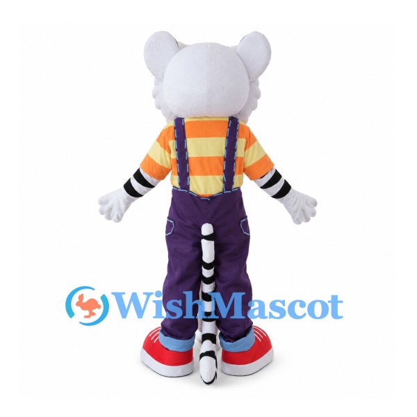 White Tiger Mascot Costume with Purple Overalls and Orange Striped Shirt
