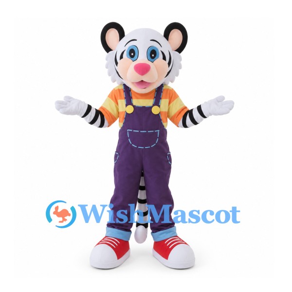White Tiger Mascot Costume with Purple Overalls and Orange Striped Shirt