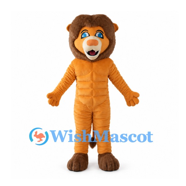 Orange Lion Mascot Costume with Muscular Torso and Brown Mane