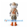 White Tiger Safari Mascot Costume with Beige Hat and Utility Outfit