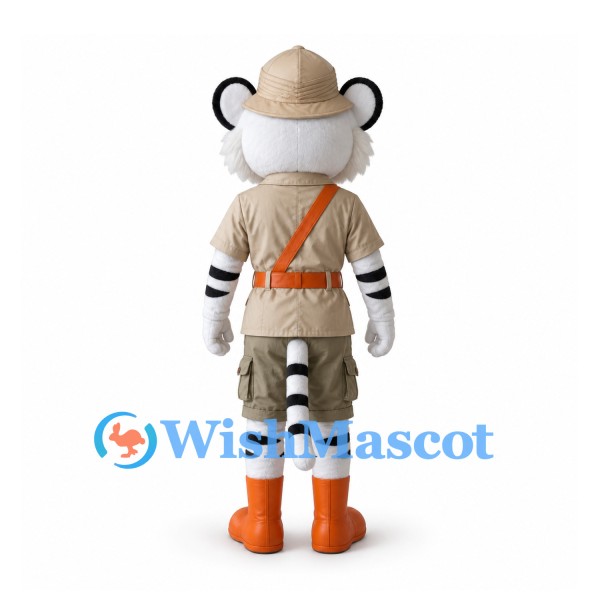 White Tiger Safari Mascot Costume with Beige Hat and Utility Outfit