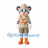 White Tiger Safari Mascot Costume with Beige Hat and Utility Outfit