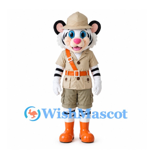 White Tiger Safari Mascot Costume with Beige Hat and Utility Outfit