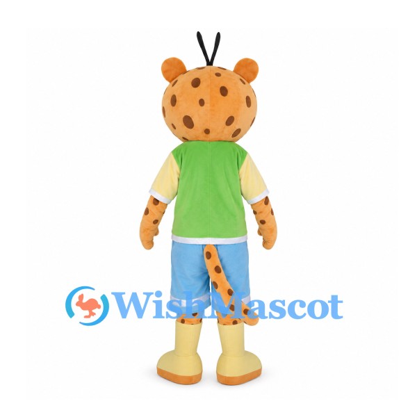 Leopard Mascot Costume with Green Vest and Blue Shorts
