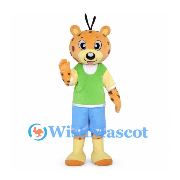 Leopard Mascot Costume with Green Vest and Blue Shorts