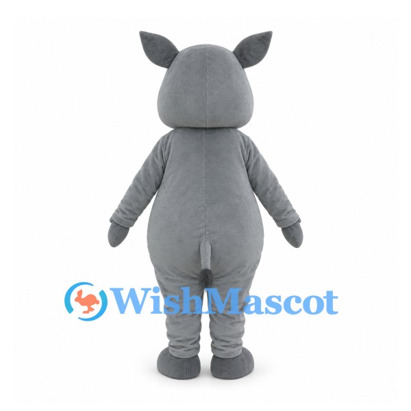 Gray Rhino Mascot Costume with Rounded Belly and Pointed Ears