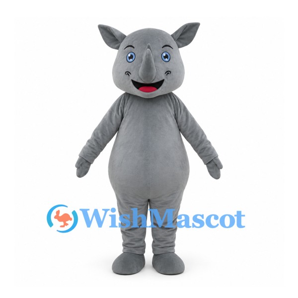 Gray Rhino Mascot Costume with Rounded Belly and Pointed Ears