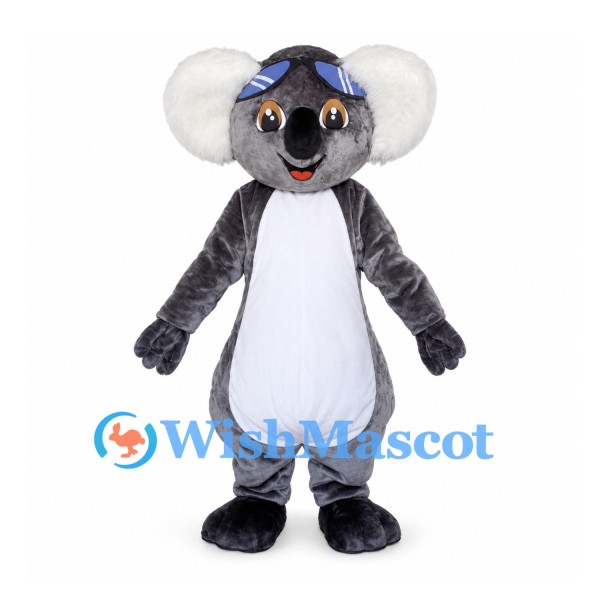 Koala Mascot Costume in Gray with Blue Goggles and White Belly