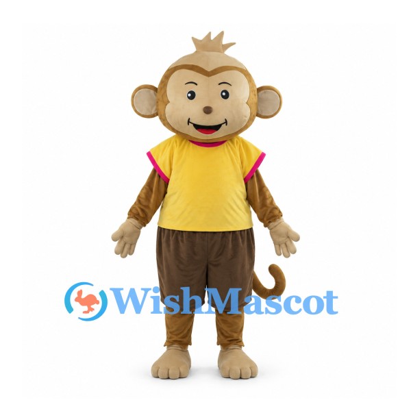 Monkey Mascot Costume with Yellow Shirt and Brown Shorts