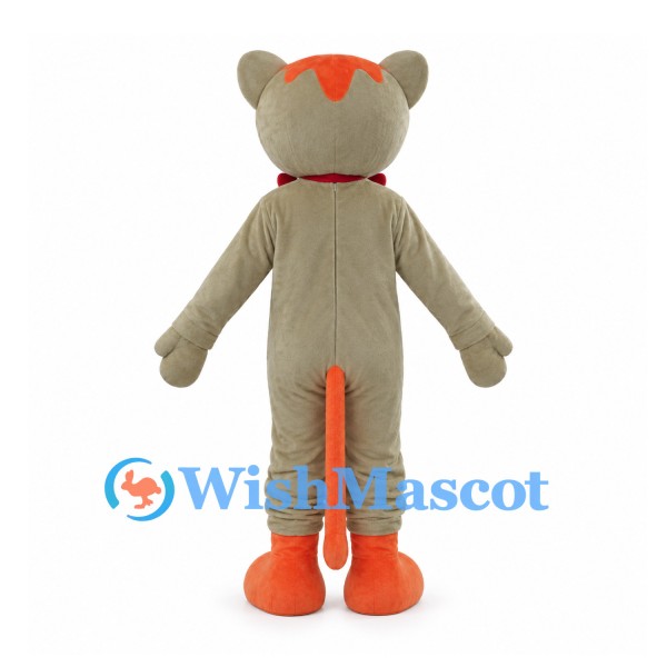 Cat Mascot Costume in Taupe with Orange Belly and Red Bow Tie